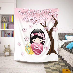 Couverture Sherpa Poupée Kokeshi de printemps - Jolie fille geisha j