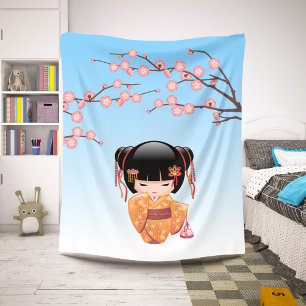 Couverture Sherpa Poupée Kokeshi Ume - Fille Geisha Japonaise Bleue