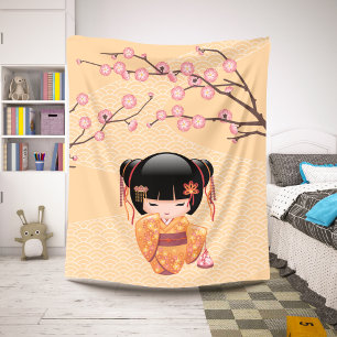 Couverture Sherpa Poupée Kokeshi Ume - Geisha Japonaise de la Pêche