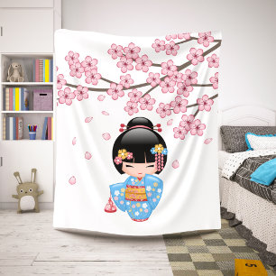 Couverture Sherpa Poupée Maiko Kokeshi - Fille Geisha en Kimono Bleu