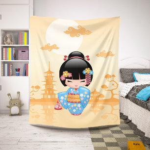Couverture Sherpa Poupée Maiko Kokeshi Fille Geisha Mignonne Jaune