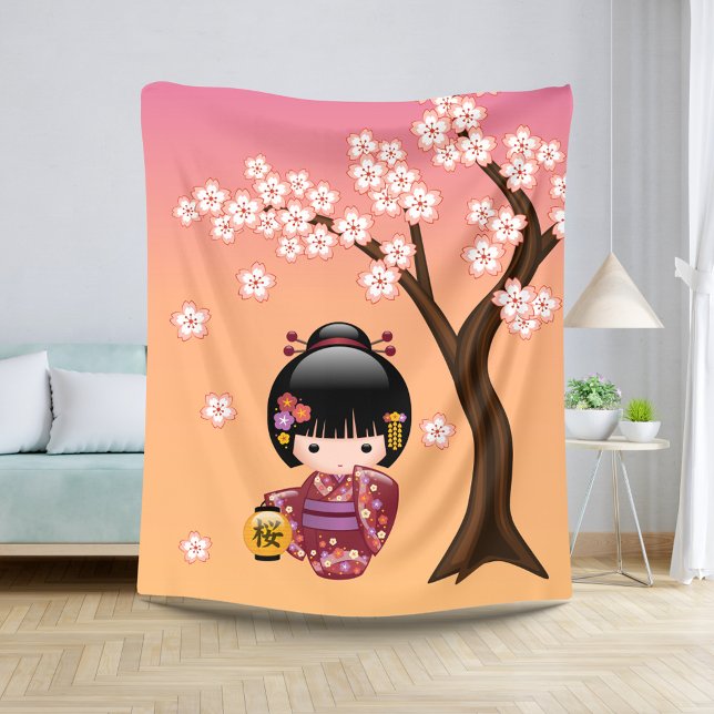Couverture Sherpa Poupée Sakura Kokeshi - Geisha Girl on Peach (Créateur téléchargé)