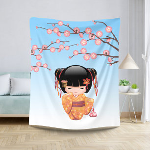 Couverture Sherpa Poupée Ume Kokeshi - Japonaise Geisha Girl Blue