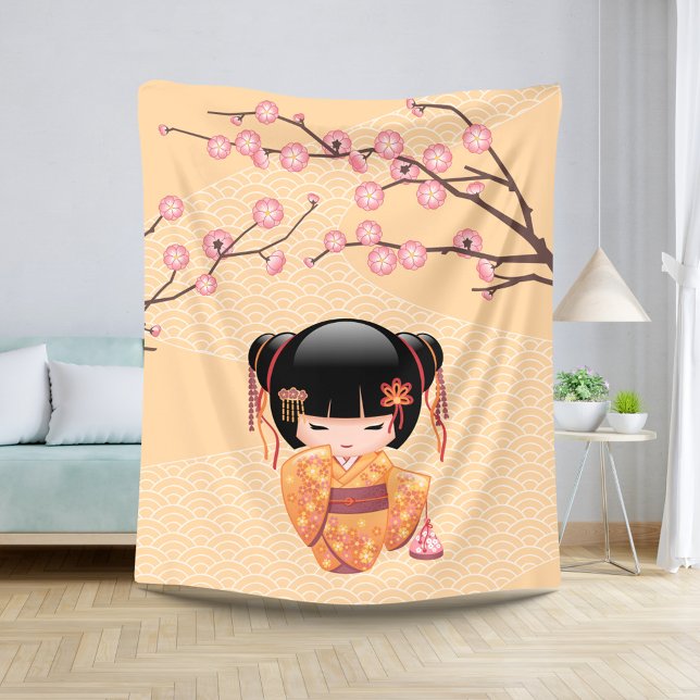 Couverture Sherpa Poupée Ume Kokeshi - Japonaise Pêche Geisha Girl (Créateur téléchargé)