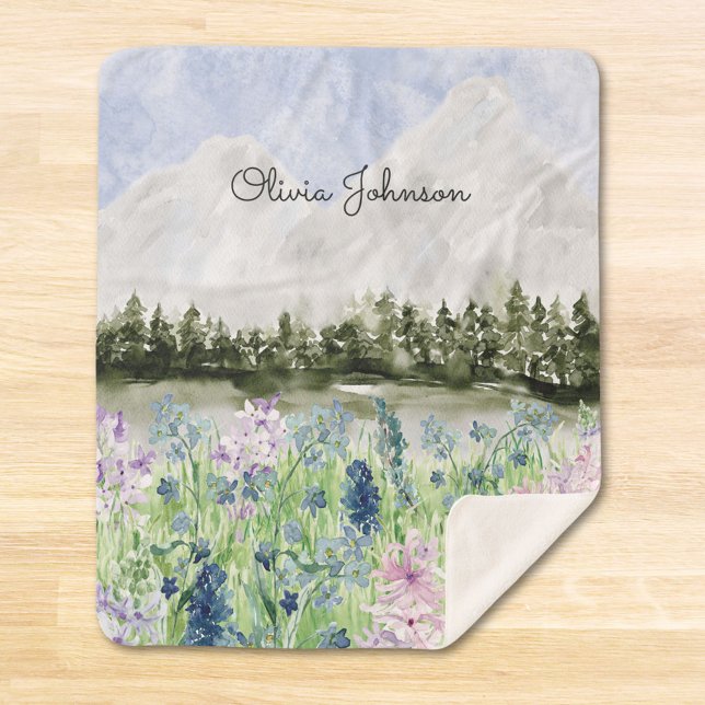 Couverture Sherpa Prairie de fleurs bleues violettes à l'aquarelle s (In situ on wood floor)