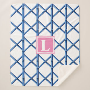 Couverture Sherpa Preppy Blue Trellis Bamboo Motif Monogramme