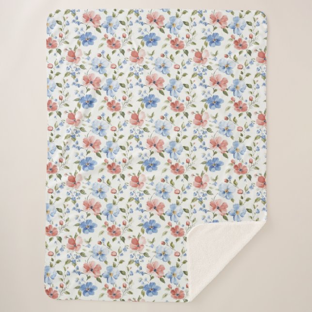 Couverture Sherpa Pretty Red Blue Flowers Birthday (Devant)