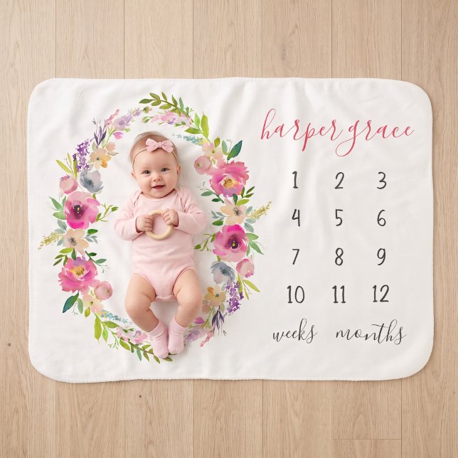 Couverture Sherpa Printemps Jardin Nom bébé Mois Jalon Photo (Créateur téléchargé)