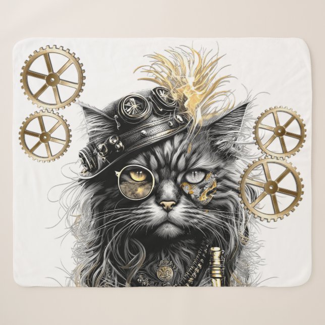 Couverture Sherpa Professeur Sprocket-Paws Le Chat Steampunk Funky (Devant (Horizontal))