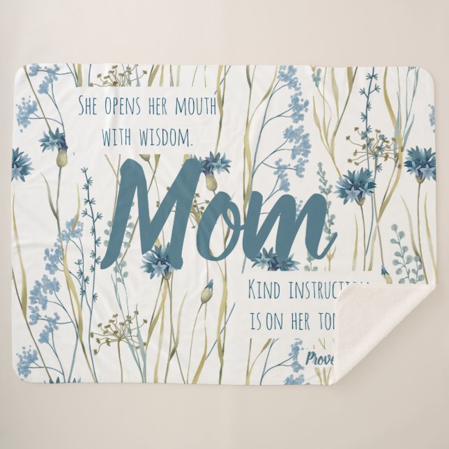 Couverture Sherpa Proverbes 31 Maman Fleurs Bleues & Or (Devant (Horizontal))