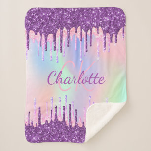 Couverture Sherpa Purple rose gouttes holographique nom initial