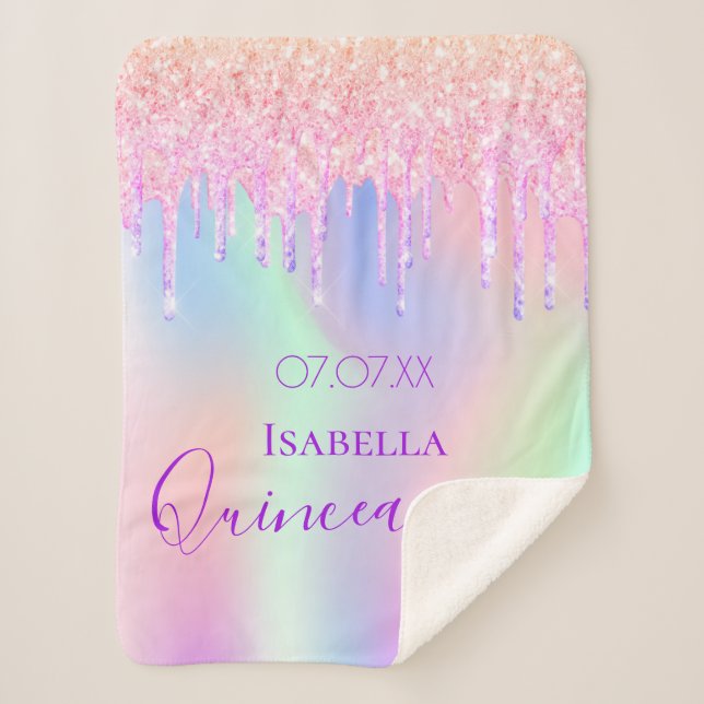 Couverture Sherpa Quinceanera rose violet parties scintillant nom go (Devant)