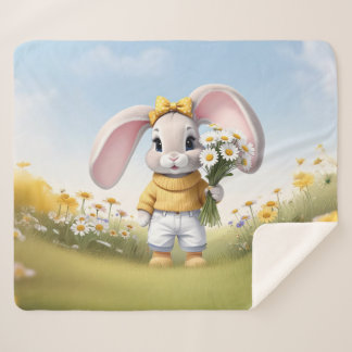 Couverture Sherpa Rabbit holding bouquet of white daisies