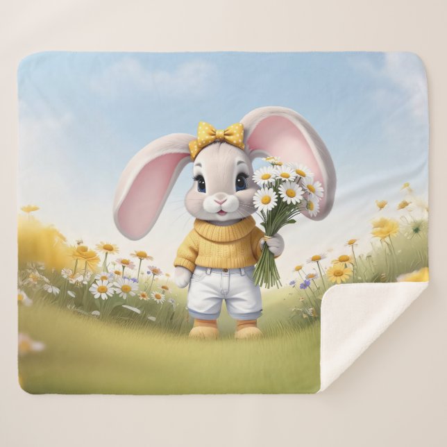 Couverture Sherpa Rabbit holding bouquet of white daisies (Devant (Horizontal))