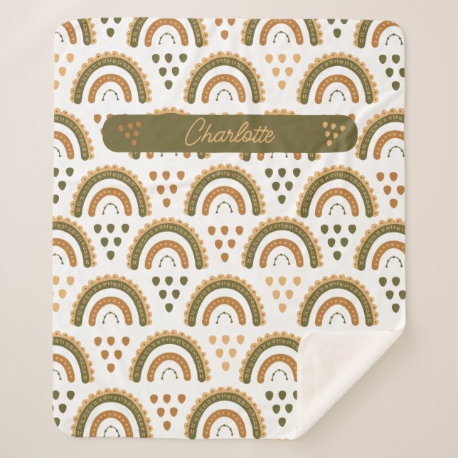 Couverture Sherpa Rainbow Boho Personnalisé Vert Blanc Brown (Devant)