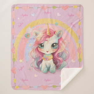 Couverture Sherpa Rainbow Pastel Lilac Kawaii Unicorn Avec Nom