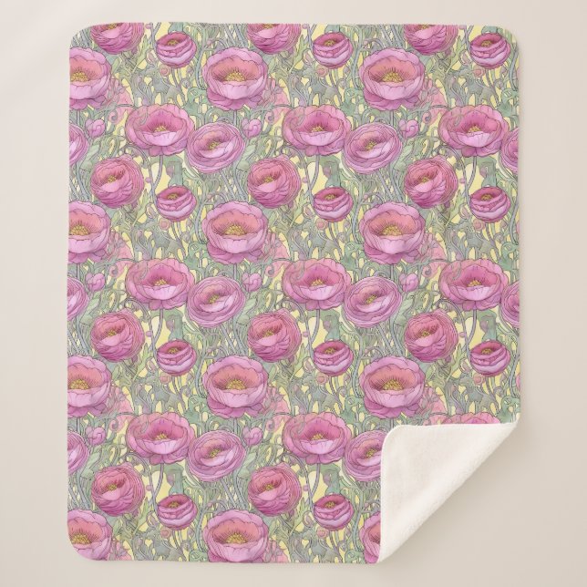 Couverture Sherpa ranunculus rose Art nouveau (Devant)