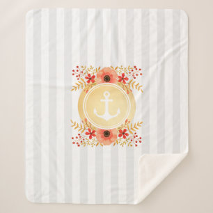 Couverture Sherpa Rayé floral d'aquarelle nautique d'Ancre d'or