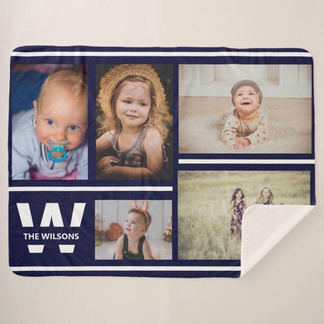 Couverture Sherpa Rayures de la marine Photos multiples Monogramme p (Devant (Horizontal))