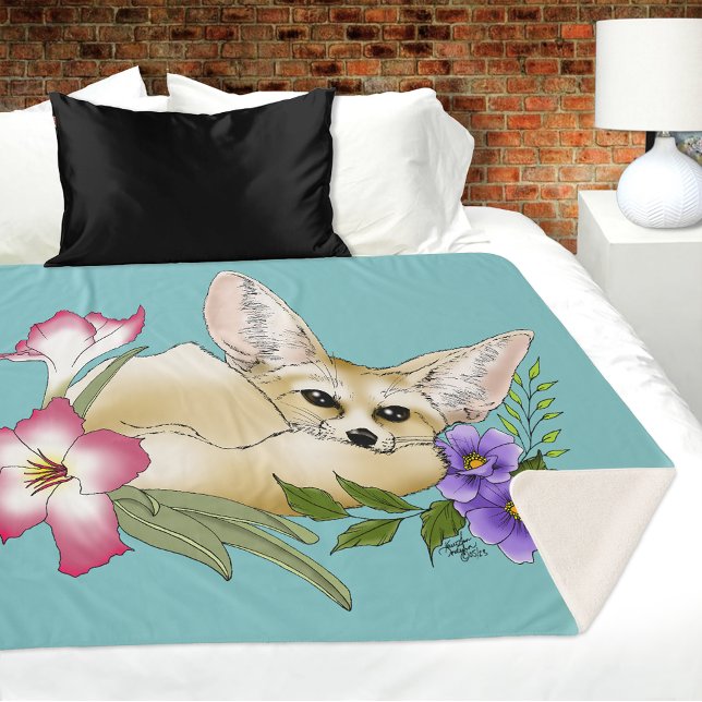 Couverture Sherpa Renard Fennec Fleurs Roses Violettes Mignon Botani (Créateur téléchargé)