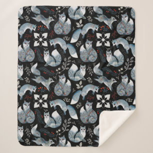 Couverture Sherpa Renards bleus stylisés avec des motifs floraux com