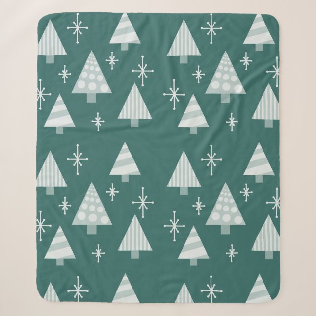 Couverture Sherpa Retro 1950 Arbres de Noël Vert Turquoise (Devant)