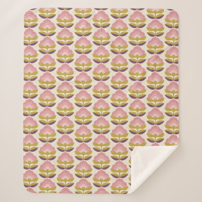 Couverture Sherpa Rétro motif floral rose et pourpre (Devant)