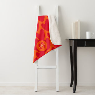 Couverture Sherpa Retro Orange Super Red Hearts Nom sur Monogramme