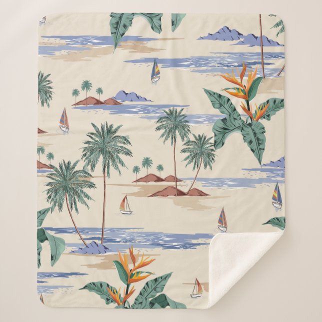 Couverture Sherpa Retro seamless tropical island pattern on light be (Devant)
