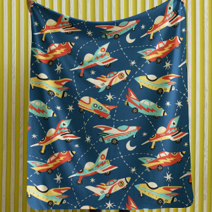 Couverture Sherpa Retro Space Rocket Cars Blue Cute Kids Motif
