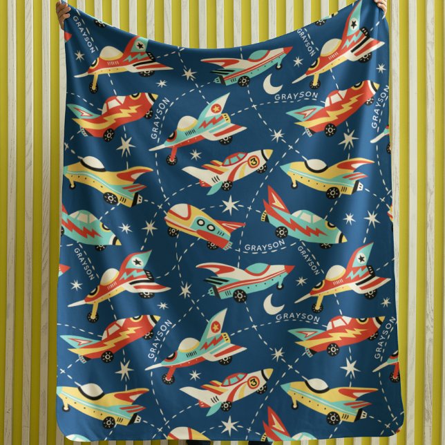 Couverture Sherpa Retro Space Rocket Cars Blue Nom personnalisé (Créateur téléchargé)