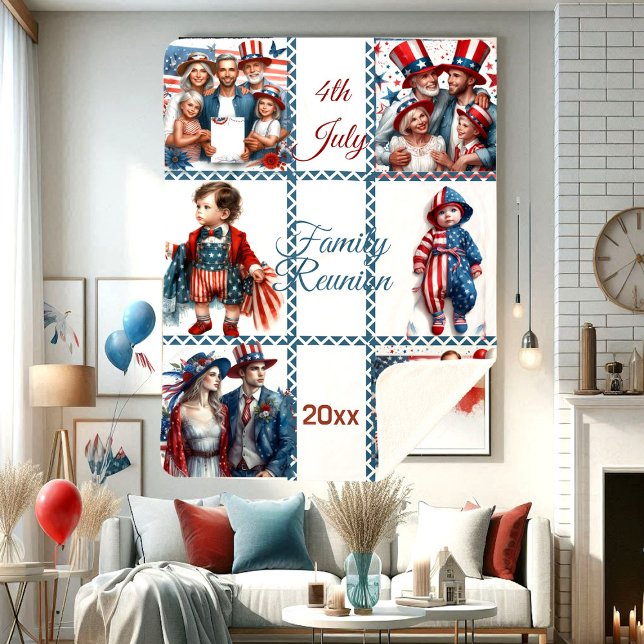 Couverture Sherpa Réunion de famille patriotique 6-Photo Collage 4 j (Patriotic Family Reunion 6-Photo Collage 4th July Sherpa Blanket)