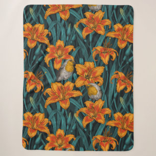 Couverture Sherpa Robins et fleurs de lys, orange et bleu