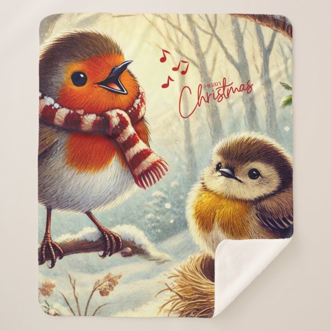 Couverture Sherpa Robins mignons, Noël gelé (Devant)