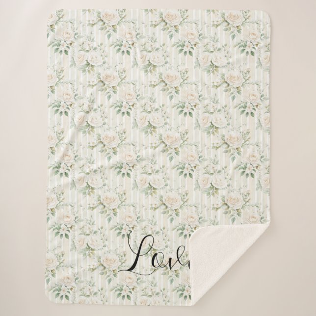 Couverture Sherpa Romantic Cream Floral Stripes Green Leaves (Devant)