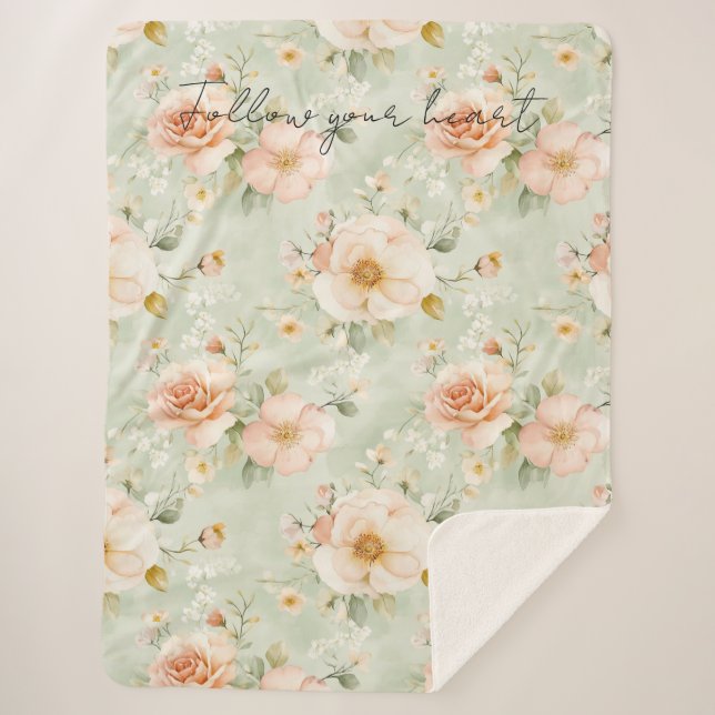 Couverture Sherpa Romantic Peach Mint Pretty Roses Floral (Devant)