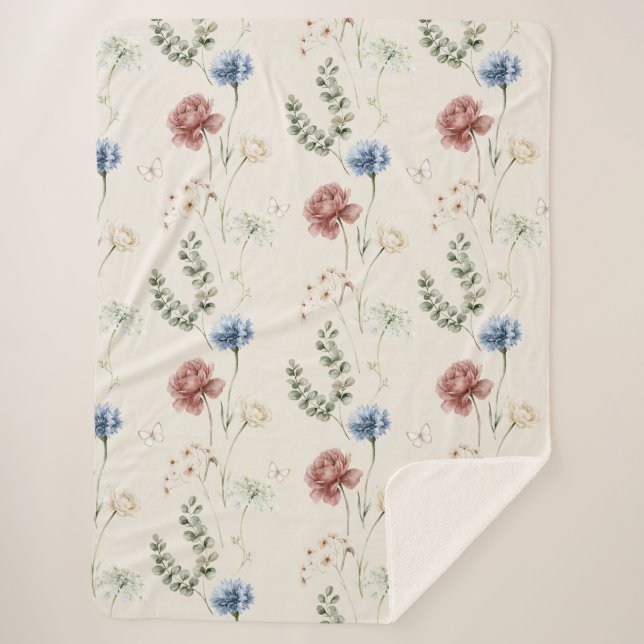 Couverture Sherpa Rose Bourgogne Fleurs Blanches Bleues Papillon (Devant)