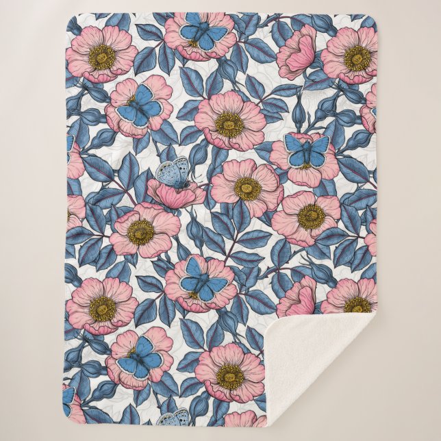 Couverture Sherpa Rose de chien et papillons (Devant)