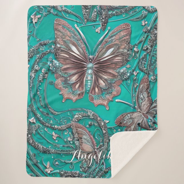 Couverture Sherpa Rose d'or Papillon Turquoise Nom personnalisé (Devant)