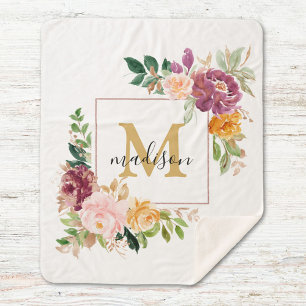 Couverture Sherpa Rose florale botanique élégante à l'aquarelle Mono