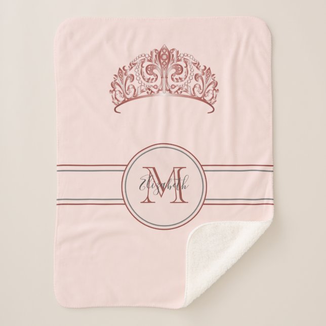 Couverture Sherpa Rose or tiara couronne bleu rose nom monogramme (Devant)