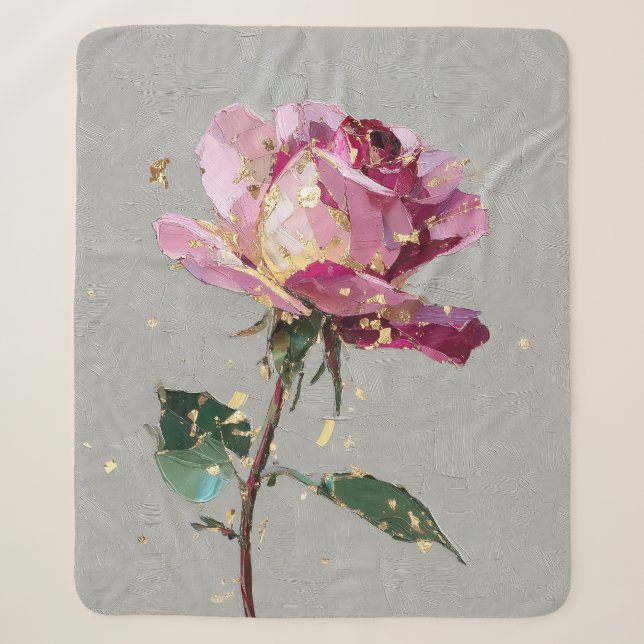 Couverture Sherpa Rose rose artistique et feuille d'or (Devant)