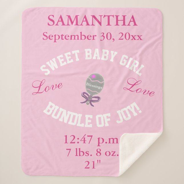 Couverture Sherpa Rose rose bébé fille statistiques de naissance (Devant)