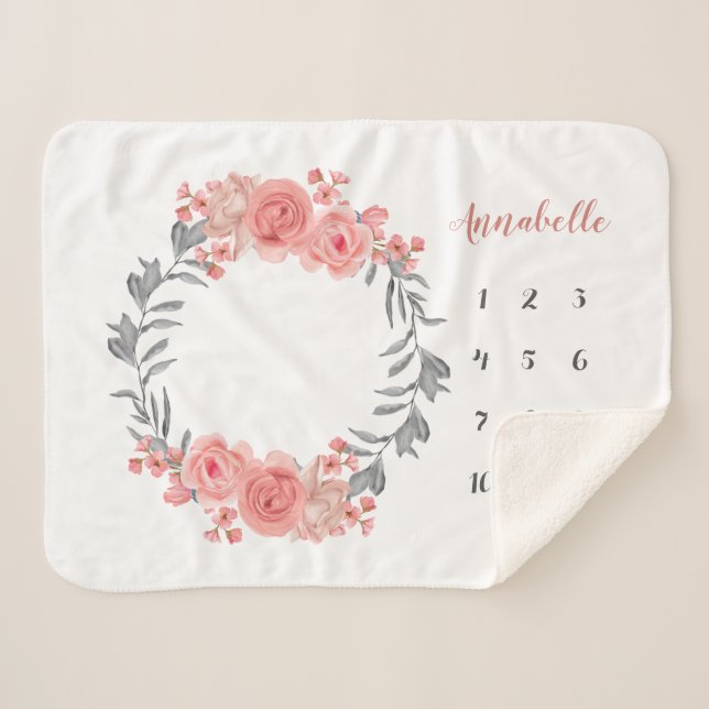 Couverture Sherpa Rose rose pâle Fleur  Wreath Milestone (Devant (Horizontal))