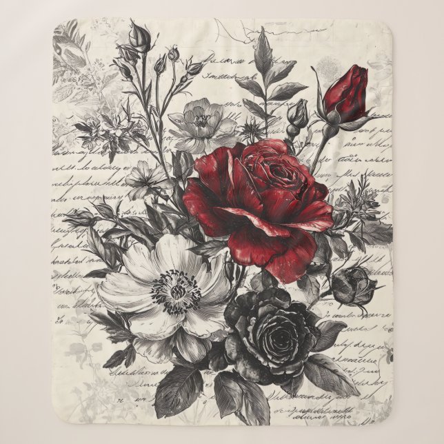 Couverture Sherpa Rose Rouge Noire Fleurs de Manuscrit Antique (Devant)