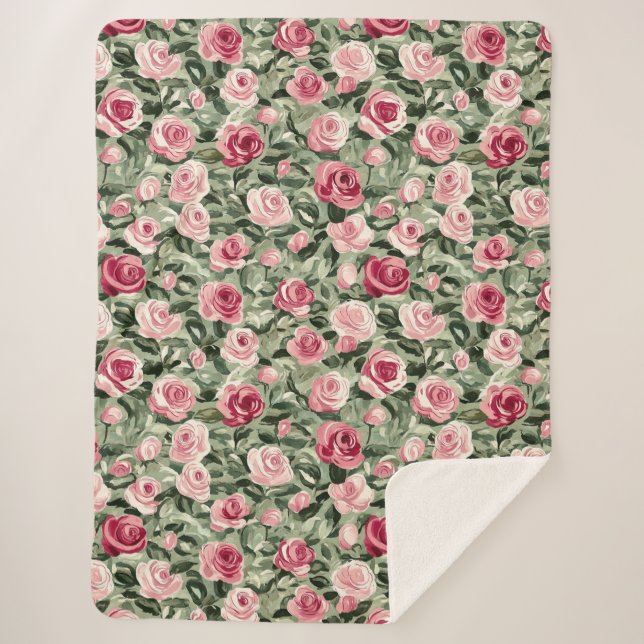 Couverture Sherpa Rose rouge vert Rose Floral (Devant)