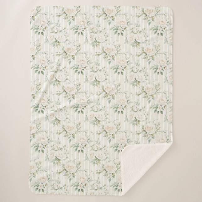 Couverture Sherpa Roses blanches Romantiques aux teintes roses et ra (Devant)