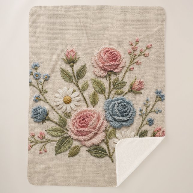 Couverture Sherpa Roses brodées Blush & Blue (Devant)