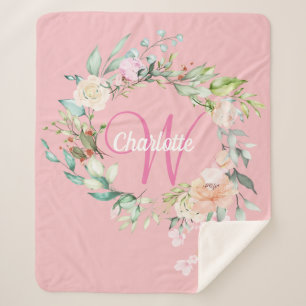 Couverture Sherpa Roses d'été modernes Monogramme de script initial 