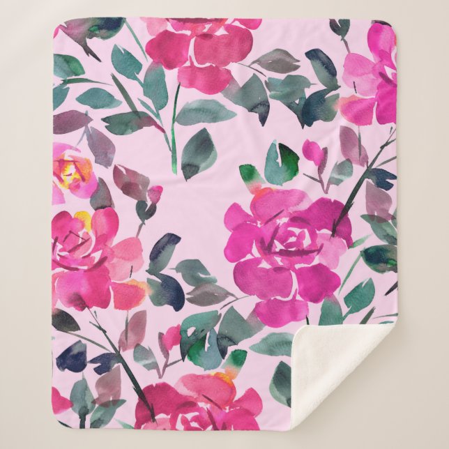 Couverture Sherpa Roses opulents à l'aquarelle dessinée à la main. M (Devant)